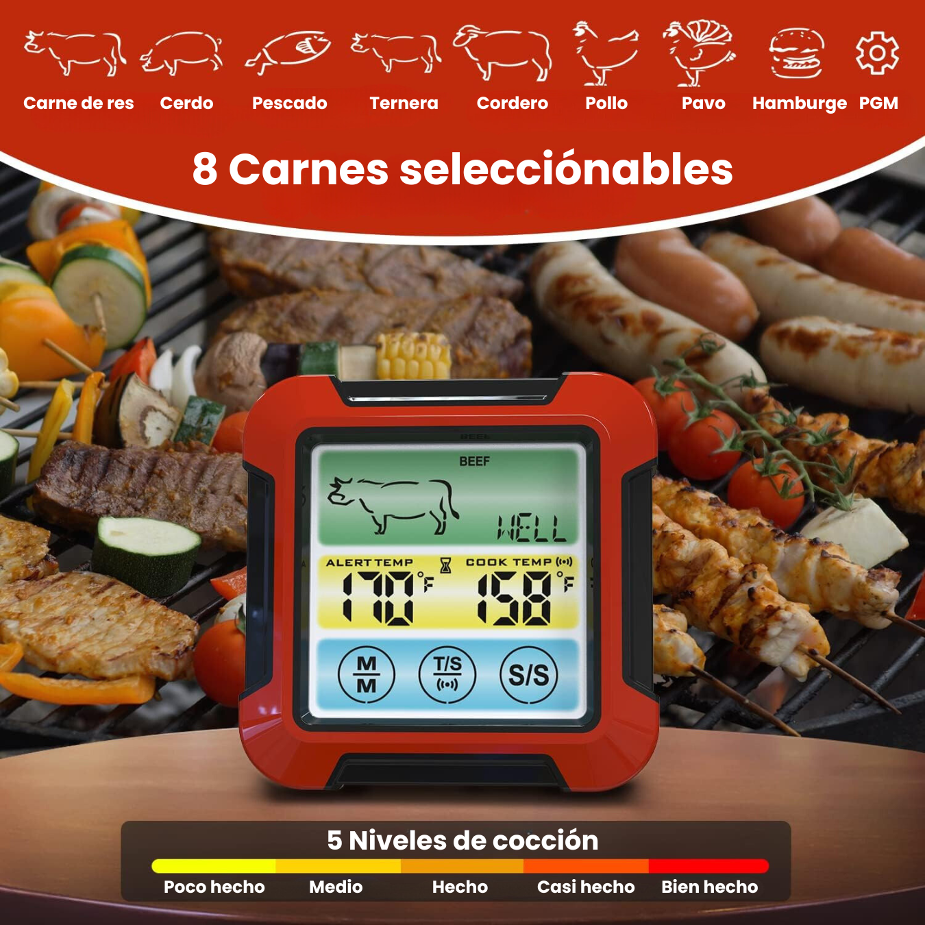 Termómetro Cocina Carne Chef Digital Iluminado Sonda Acero