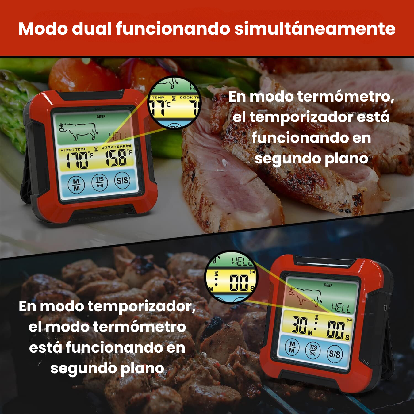 Termómetro Cocina Carne Chef Digital Iluminado Sonda Acero