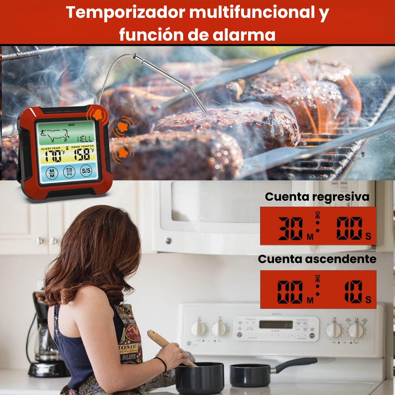 Termómetro Cocina Carne Chef Digital Iluminado Sonda Acero