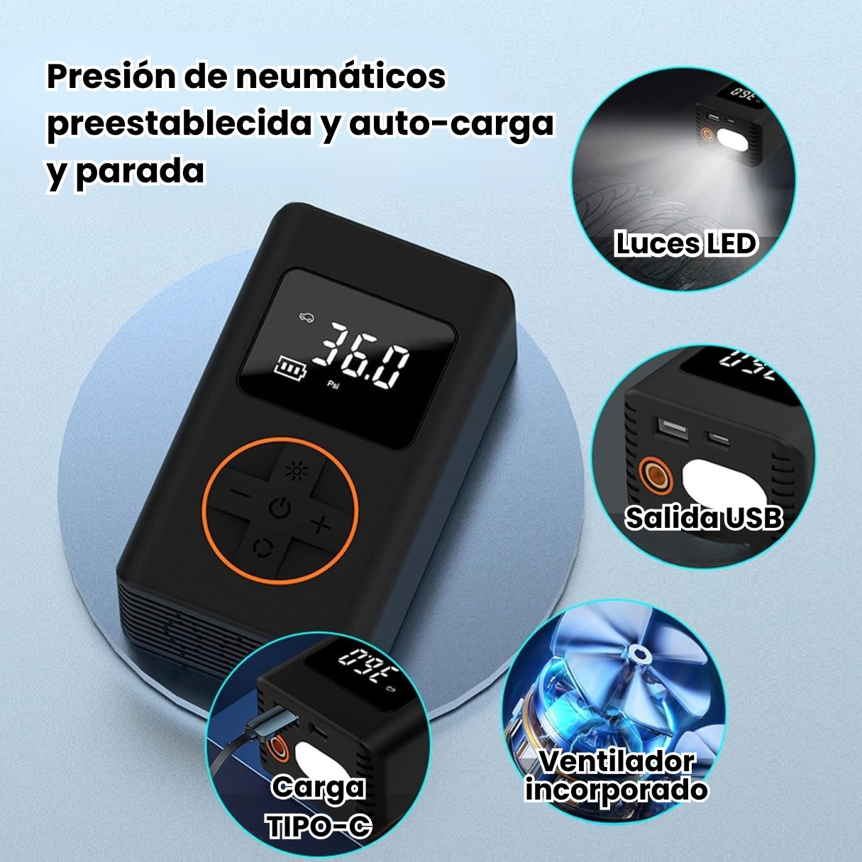 Compresor De Aire Inflador De Llantas Con Linterna Para Auto