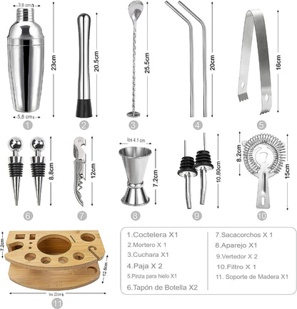 Kit Coctelera Con Base De Bambú Inoxidable Bar De Acero