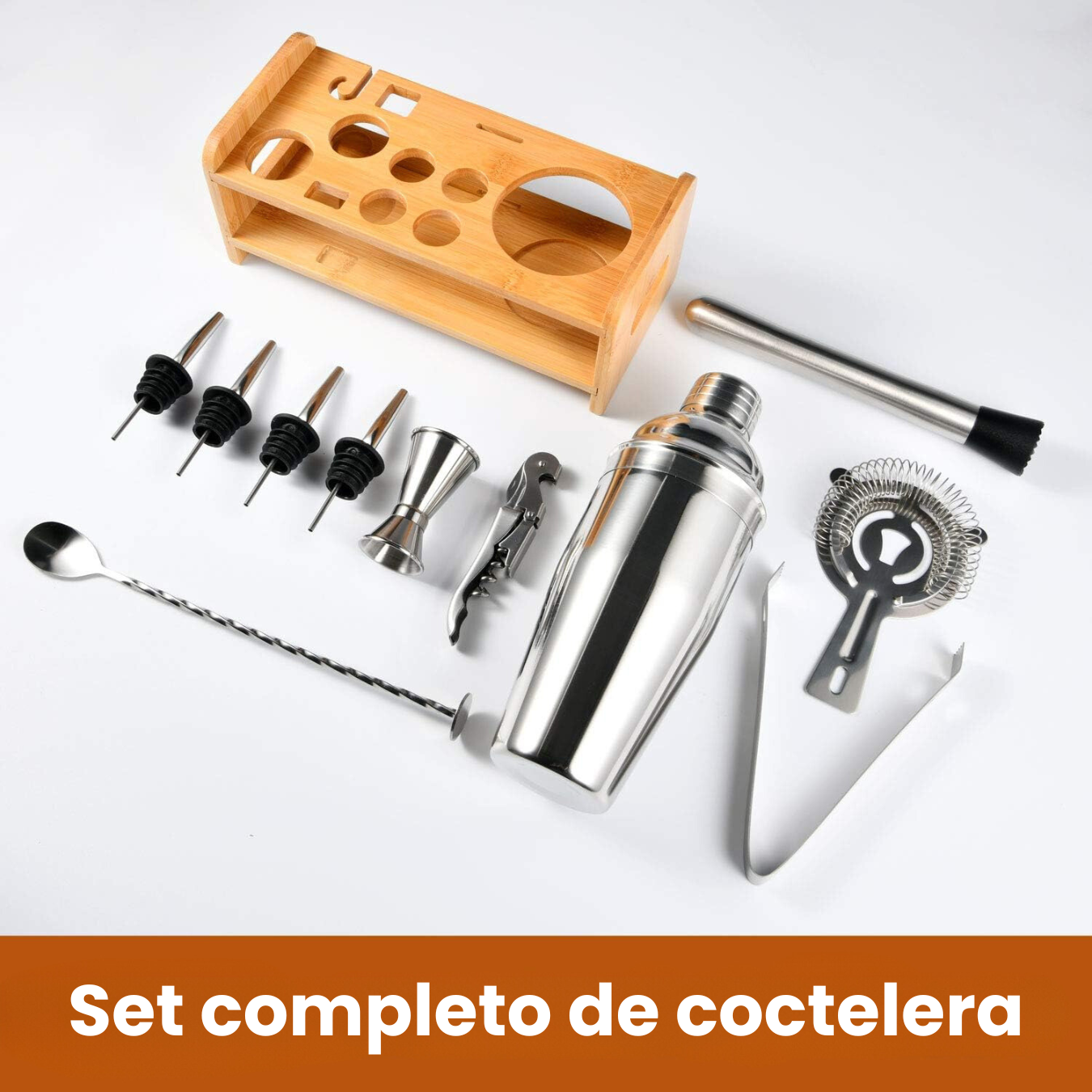 Kit Coctelera Bar De Acero Inoxidable Con Base De Madera