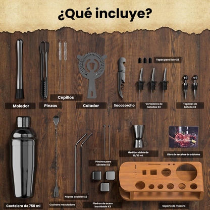 Kit Coctelera Con Base De Madera Inoxidable Bar De Acero