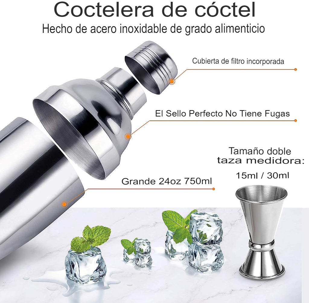 Kit Coctelera Con Base De Bambú Inoxidable Bar De Acero