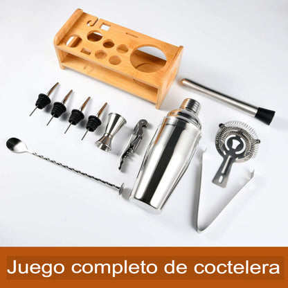 Kit Coctelera Bar De Acero Inoxidable Con Base De Madera