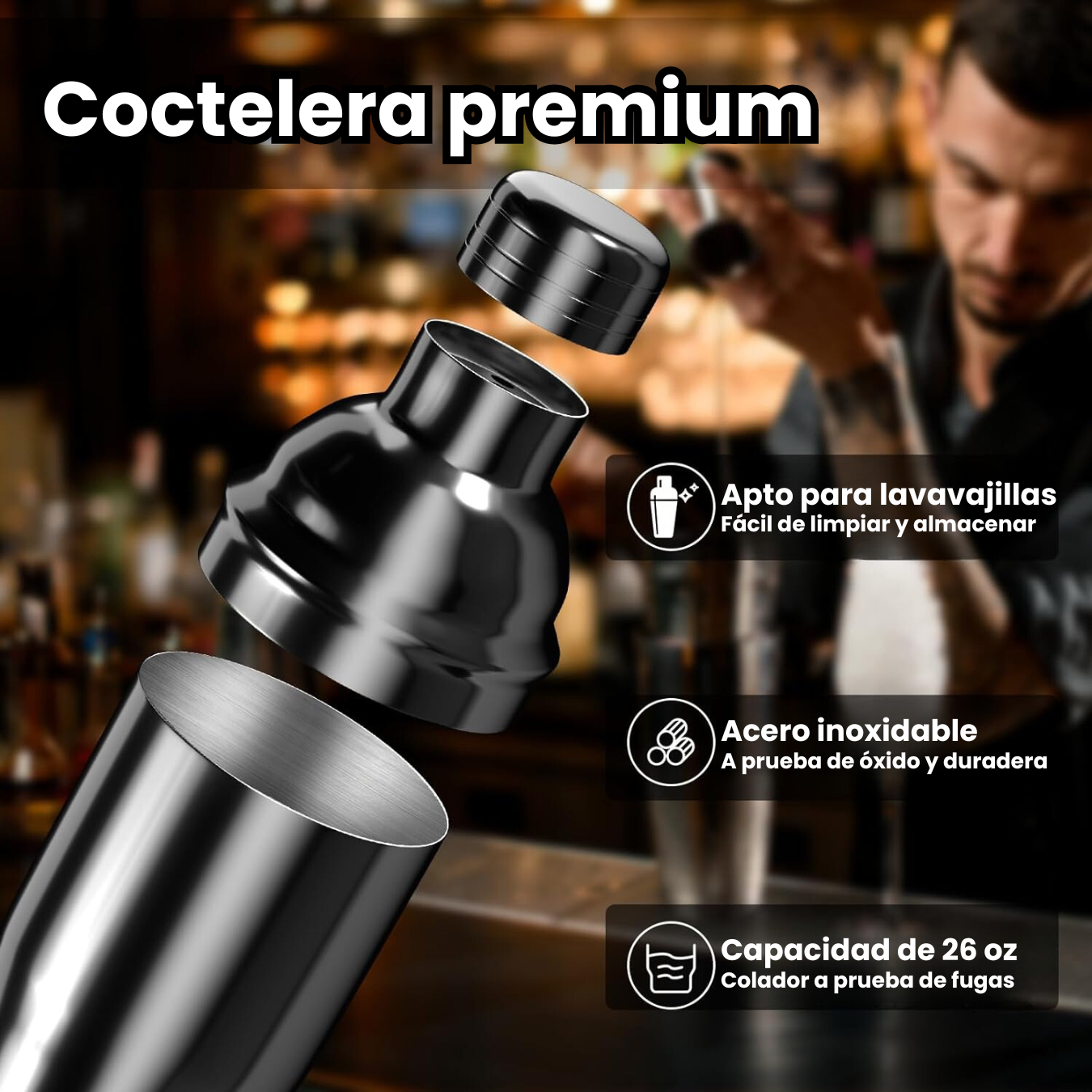 Kit Coctelera Con Base De Madera Inoxidable Bar De Acero