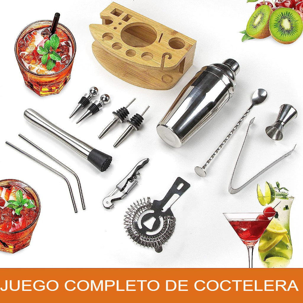 Kit Coctelera Con Base De Bambú Inoxidable Bar De Acero