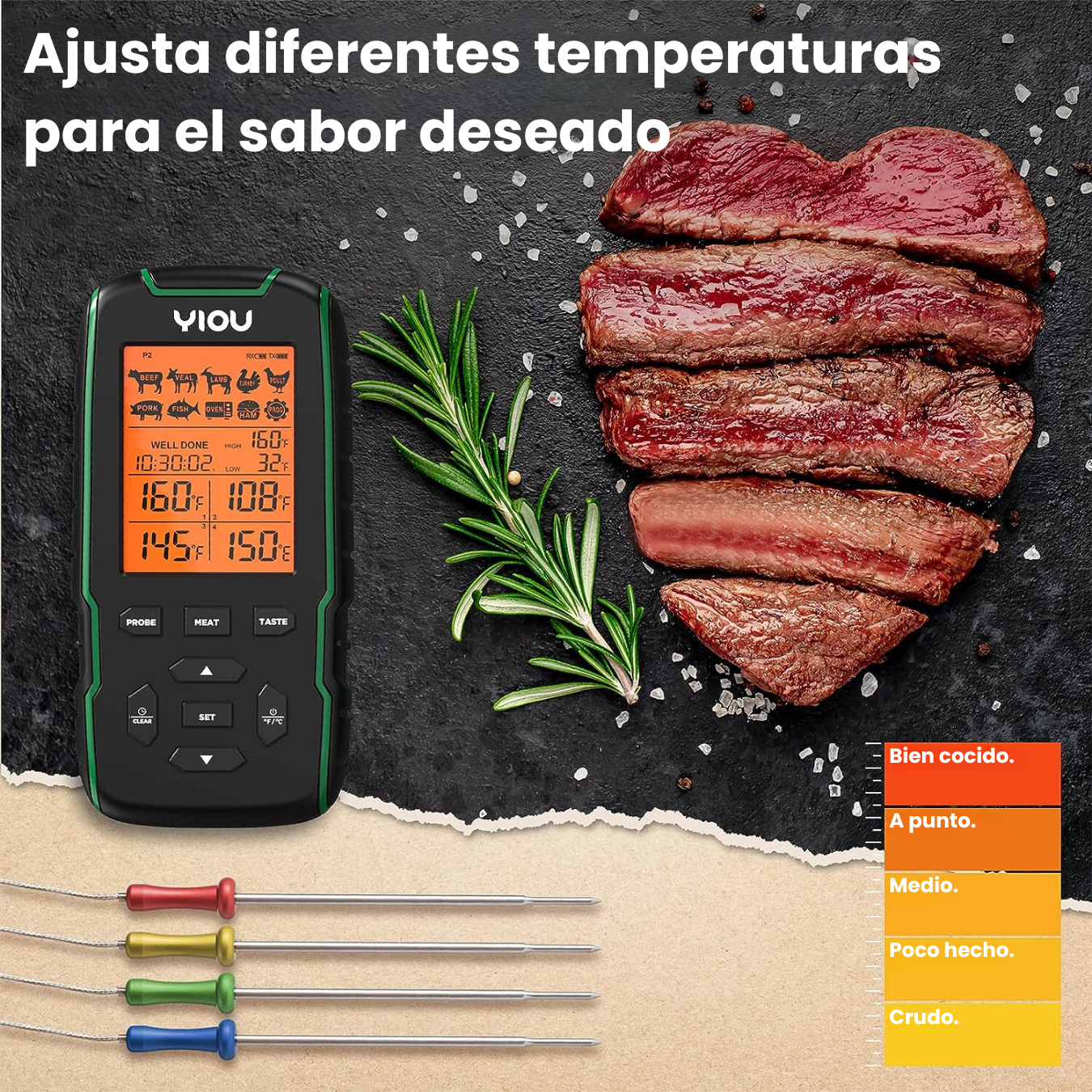 Termómetro Cocina Sonda Acero Cuádruple Carne Chef Digital