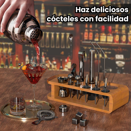 Kit Coctelera Con Base De Madera Inoxidable Bar De Acero