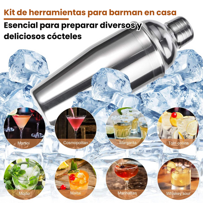 Kit Coctelera Bar De Acero Inoxidable Con Base De Madera