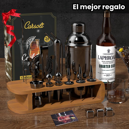 Kit Coctelera Con Base De Madera Inoxidable Bar De Acero